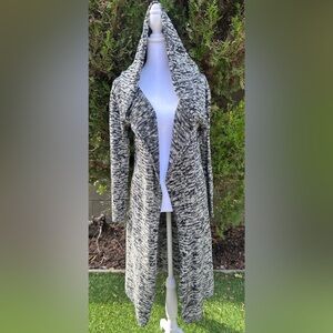 Maddison Women’s Black and White Knit Open Front Hooded Cardigan Large